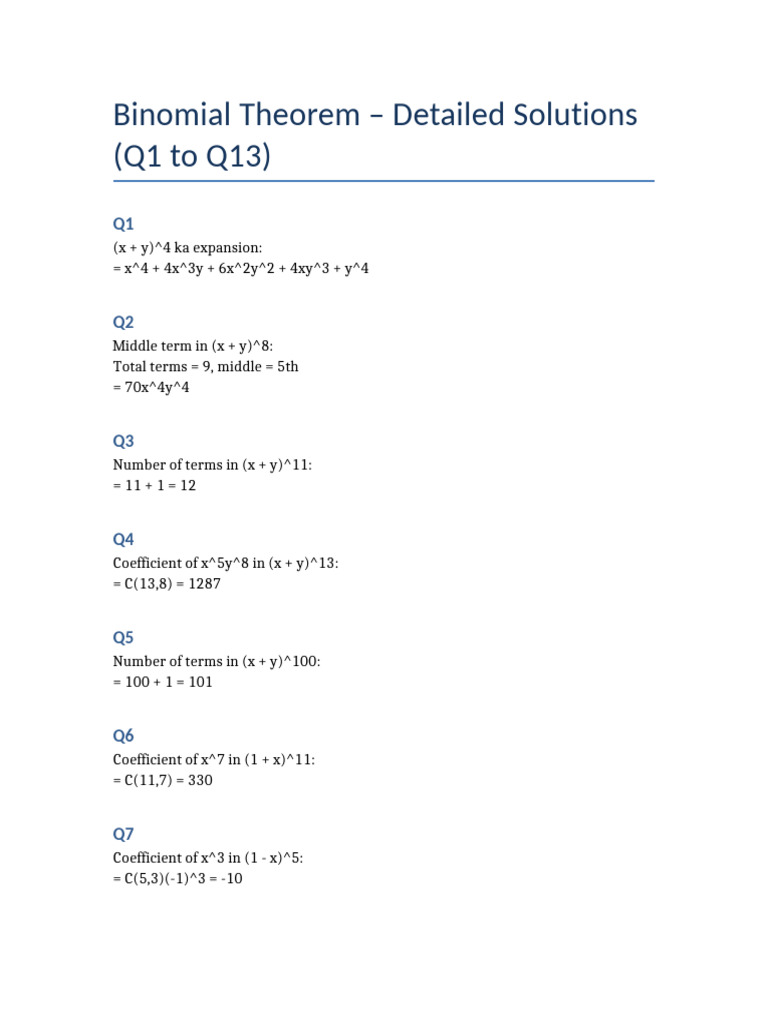 Binomial Theorem Detailed Solutions Q1 to Q13 | PDF