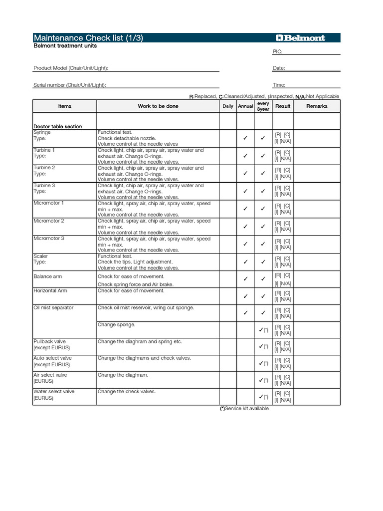 Belmont Dental Equipment Maintenance Checklist | PDF | Mechanical ...