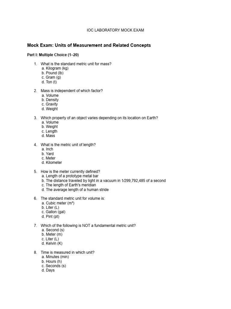 IOC Laboratory Mock Exam: Measurements & Mixtures | PDF | Chemical ...