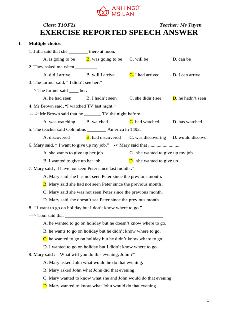 Reported Speech Exercise Answer - T1OF21!3!8 | PDF