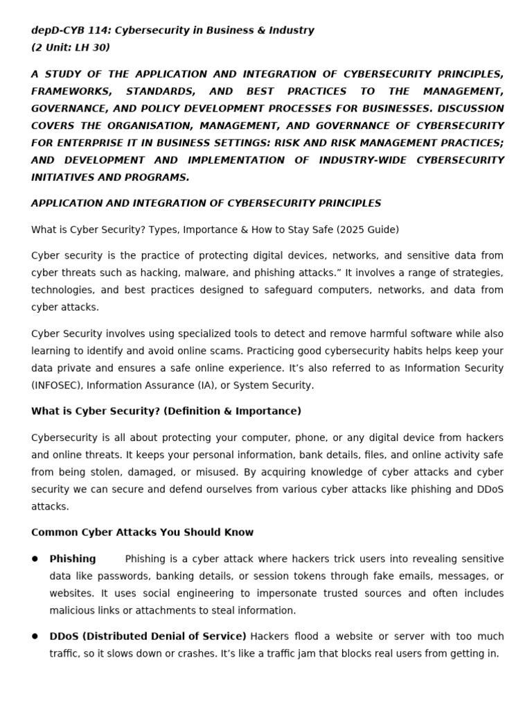 Cybersecurity Principles for Business Management | PDF | Security ...