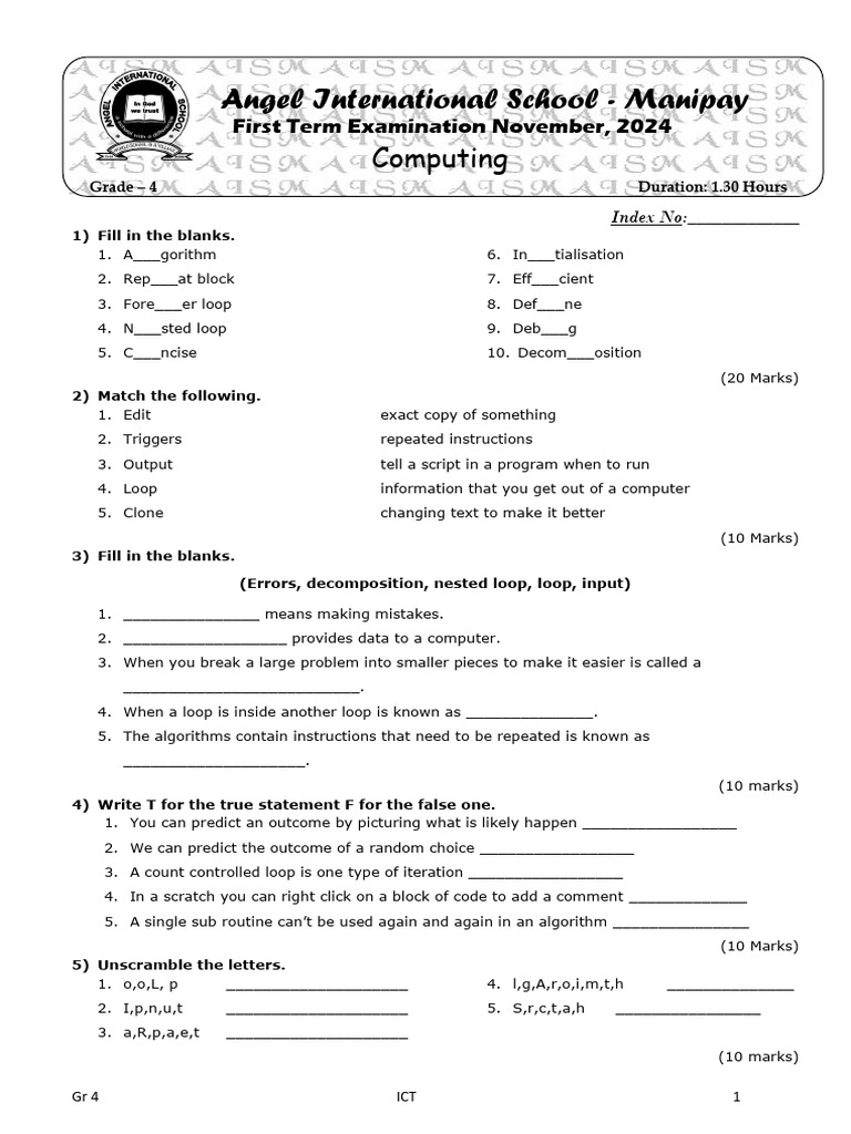 Grade 4 Computing Exam Guide | PDF | Control Flow | Theoretical ...