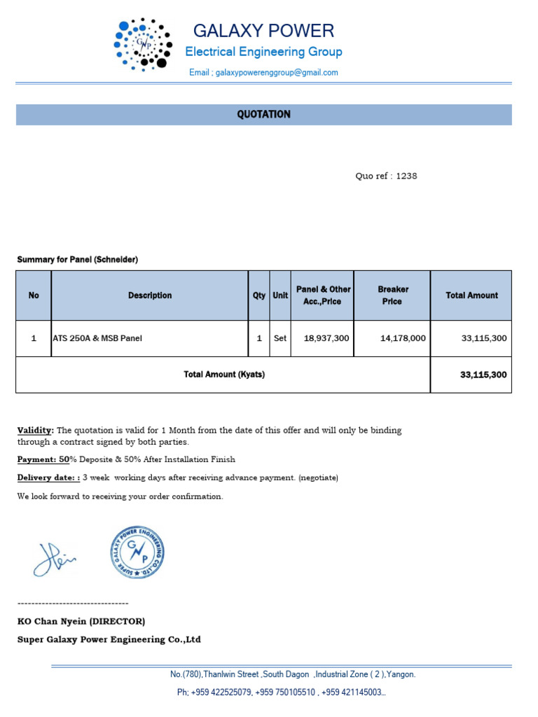 250A ATS & MSB Panel Quotation | PDF | Equipment | Electrical Equipment