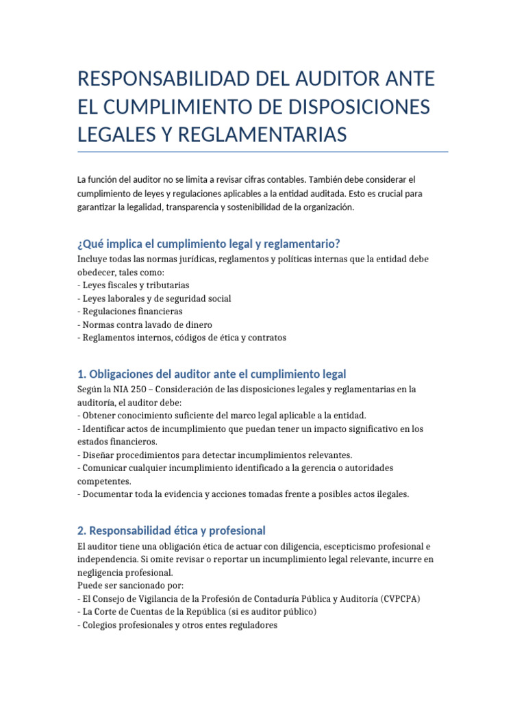 Responsabilidad del Auditor ante el Cumplimiento Legal | PDF ...