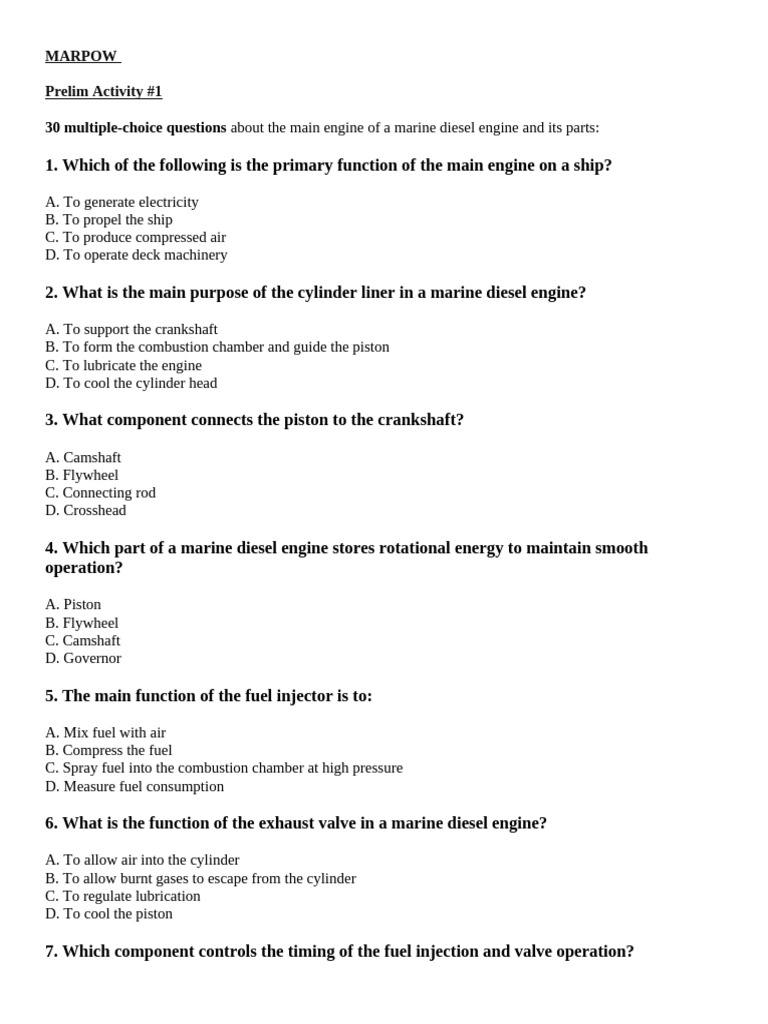 Marine Diesel Engine Quiz Questions | PDF | Internal Combustion Engine ...