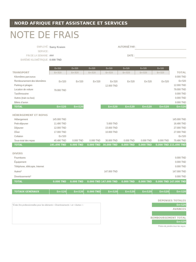 Note de frais de transport et hébergement | PDF