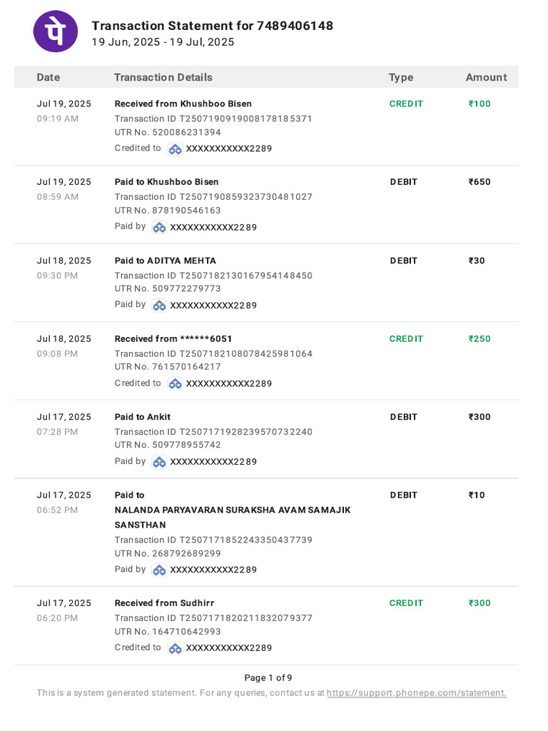 PhonePe Statement Jun2025 Jul2025 | PDF | Debit Card | Debits And Credits