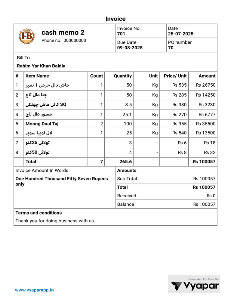 Invoice for Daal and Pulses Purchase | PDF