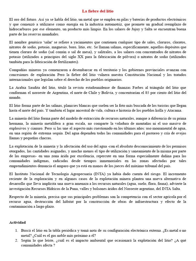 La Fiebre Del Litio | PDF | Litio