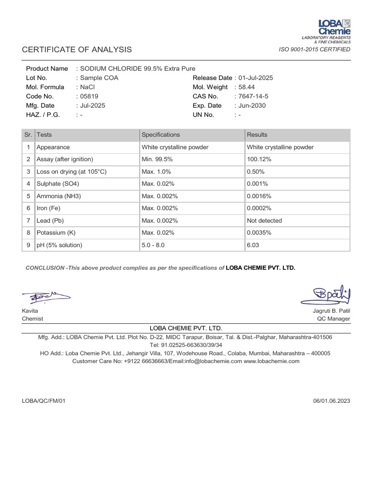 Coa 05819 Sample | PDF