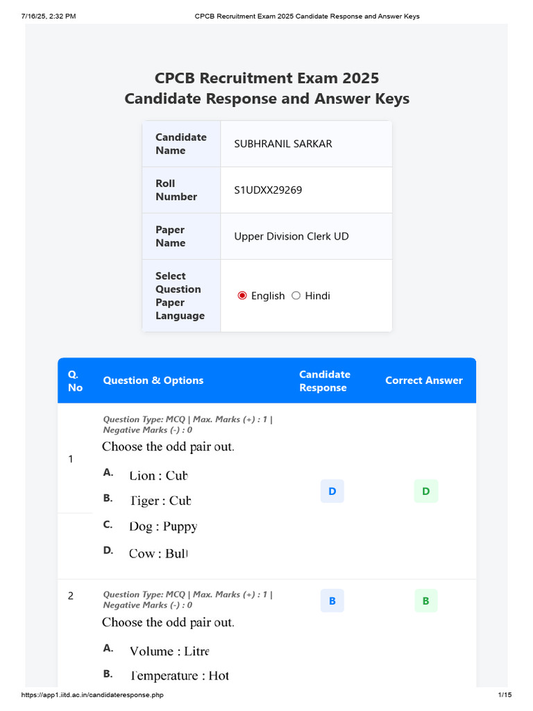 CPCB 2025 Exam Answer Key Details | PDF | Multiple Choice | Question