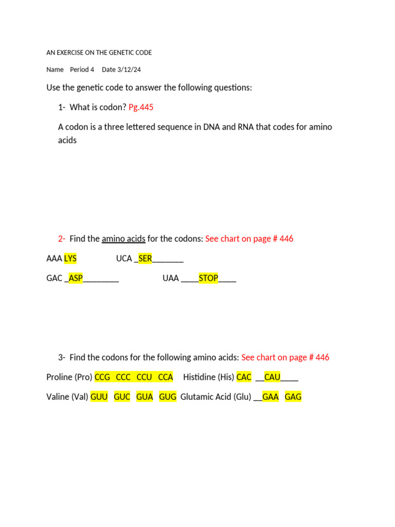 Genetics An Exercise On The Genetic Cod3 | PDF
