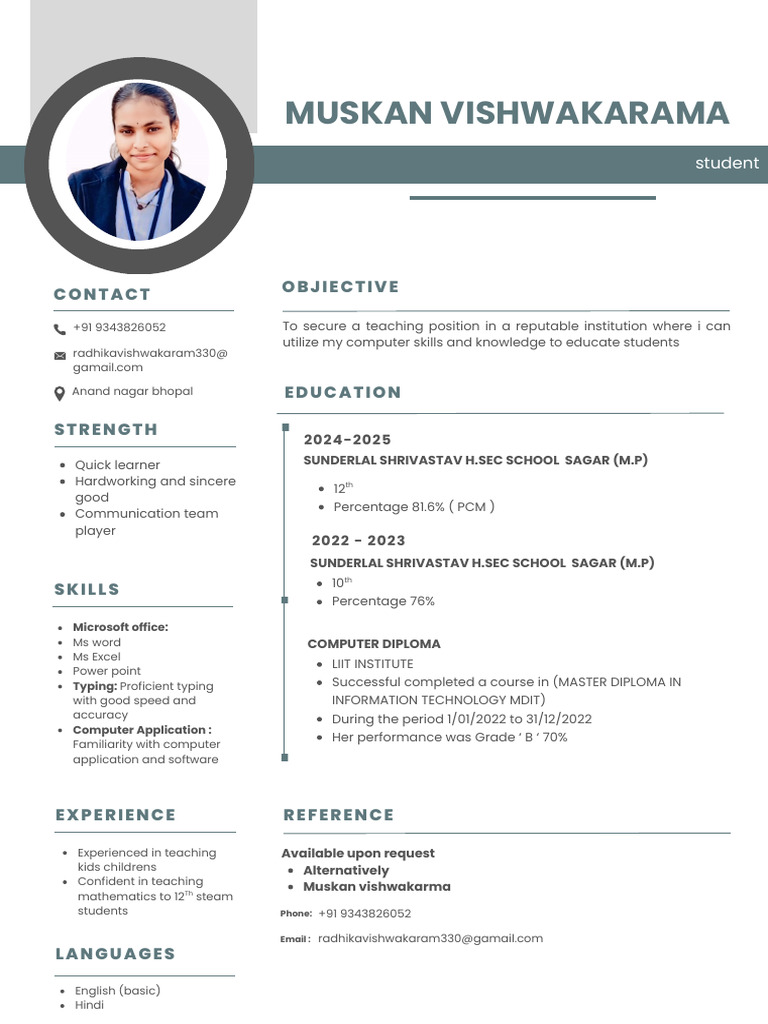 Teaching Resume of Muskan Vishwakarma | PDF