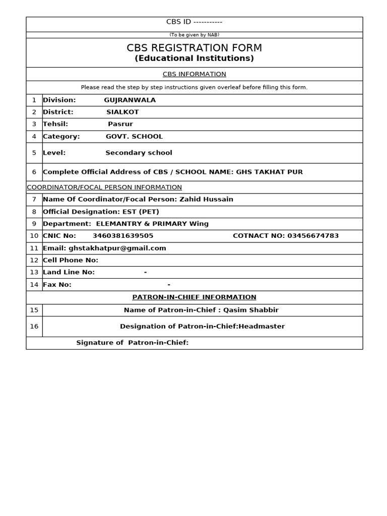 CBS Registration Form for Schools | PDF