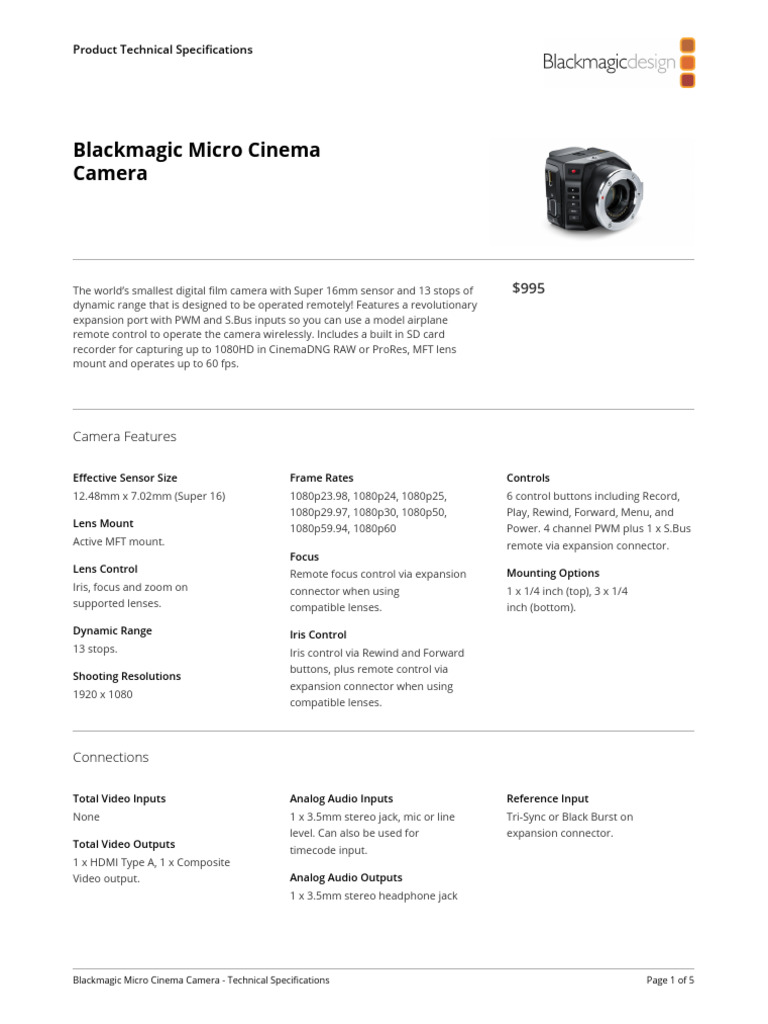 Blackmagic Micro Cinema Camera Specs | PDF | Computing | Digital Technology
