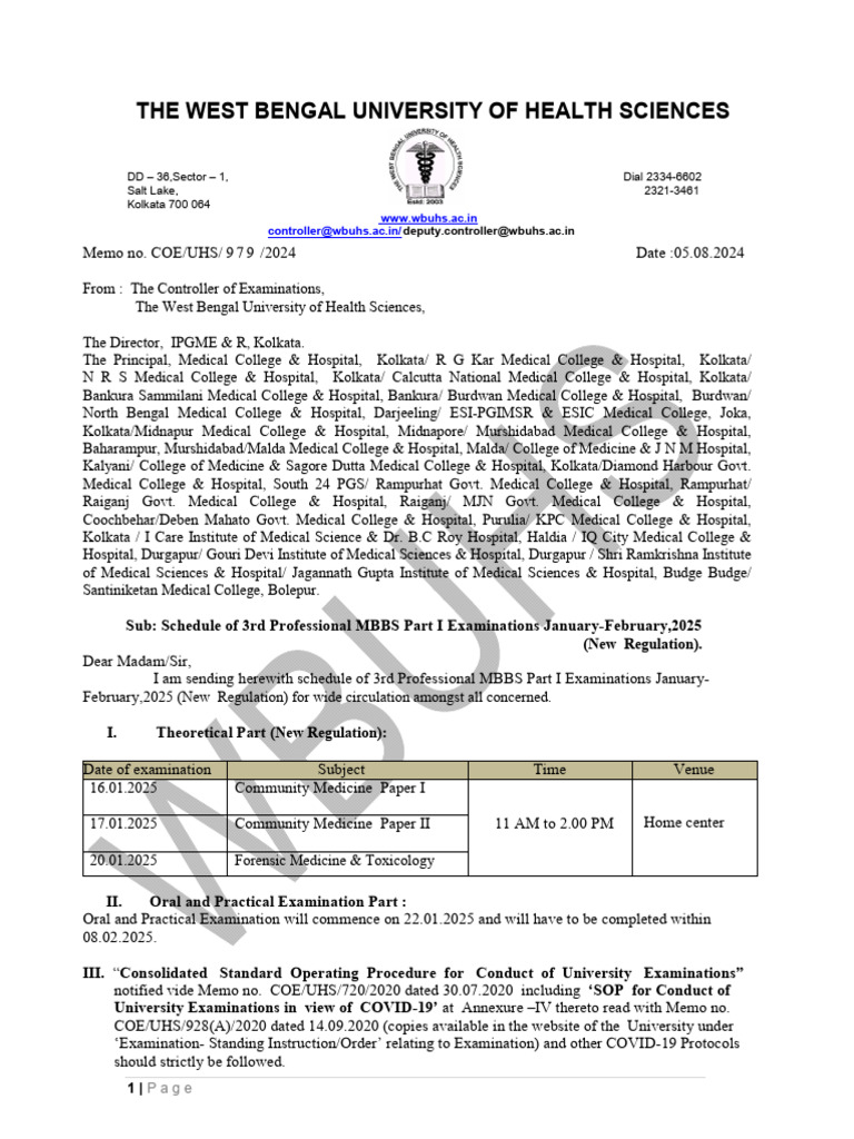 3rd Professional MBBS Exam Schedule 2025 | PDF | Kolkata | Health Care