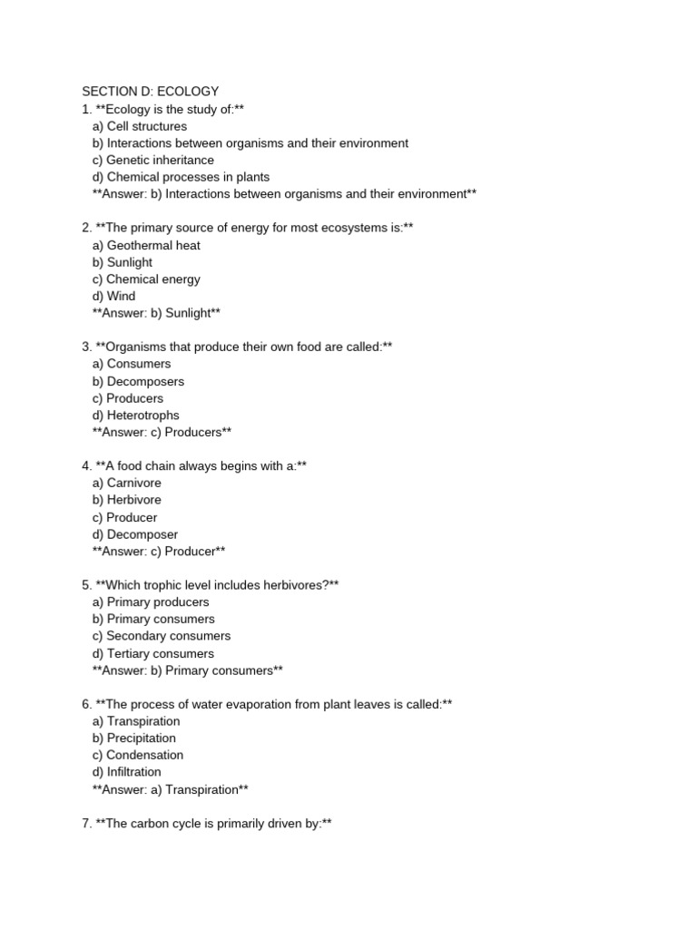 Mcqs Bio 101 Section D - Ecology by Ibrahim Ephraim | PDF | Ecosystem ...