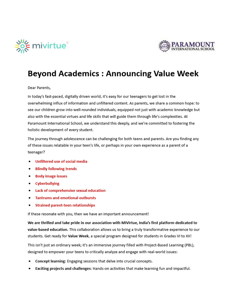 PIS (Value Week Circular) Grade VI - XII | PDF | Adolescence | Menstruation