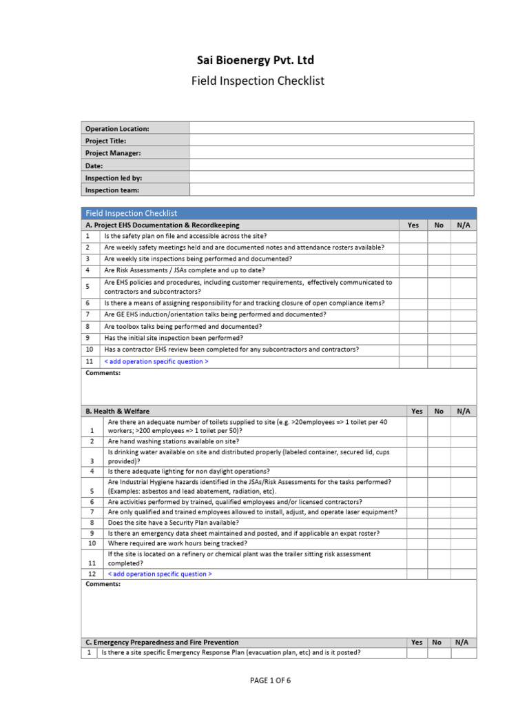 Field Inspection Checklist for EHS Compliance | PDF | Welding ...