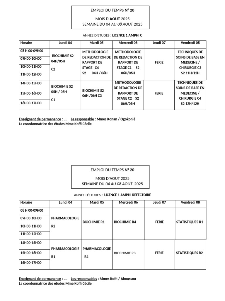 Emploi du temps Licence 1 - Août 2025 | PDF