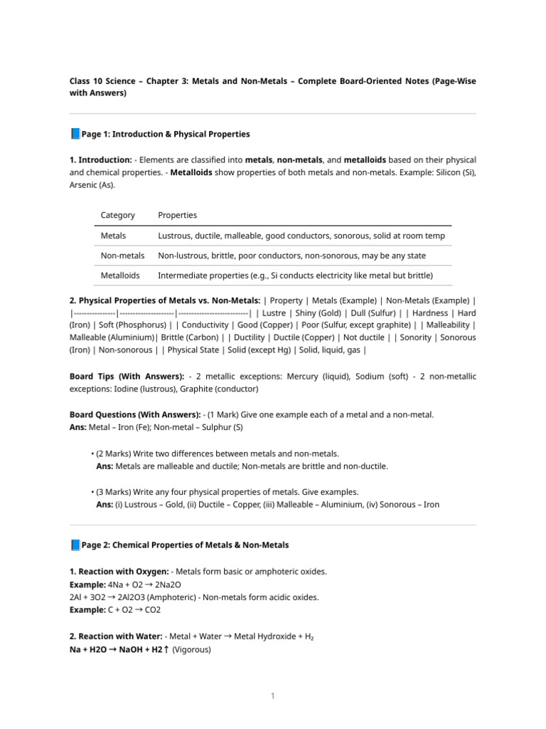 Class 10 Metals and Non-Metals Notes | PDF | Metals | Zinc