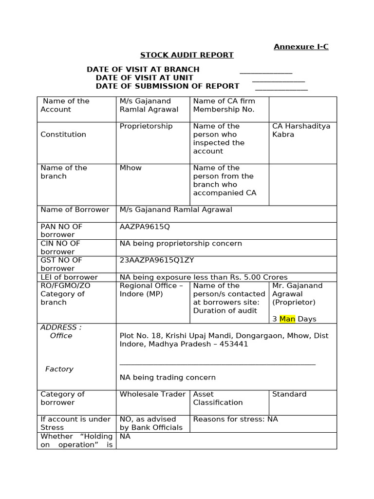 Stock Audit Report for M/s Gajanand Agrawal | PDF | Debits And Credits ...