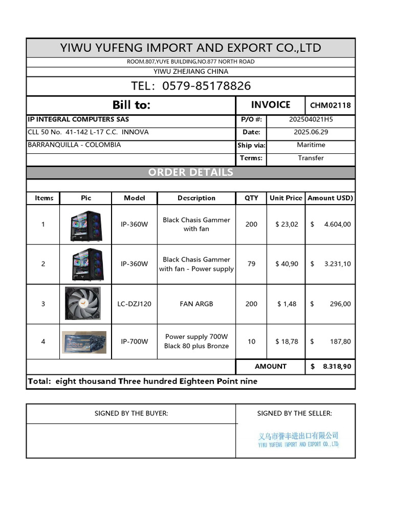 ODM Invoice for Computer Components | PDF
