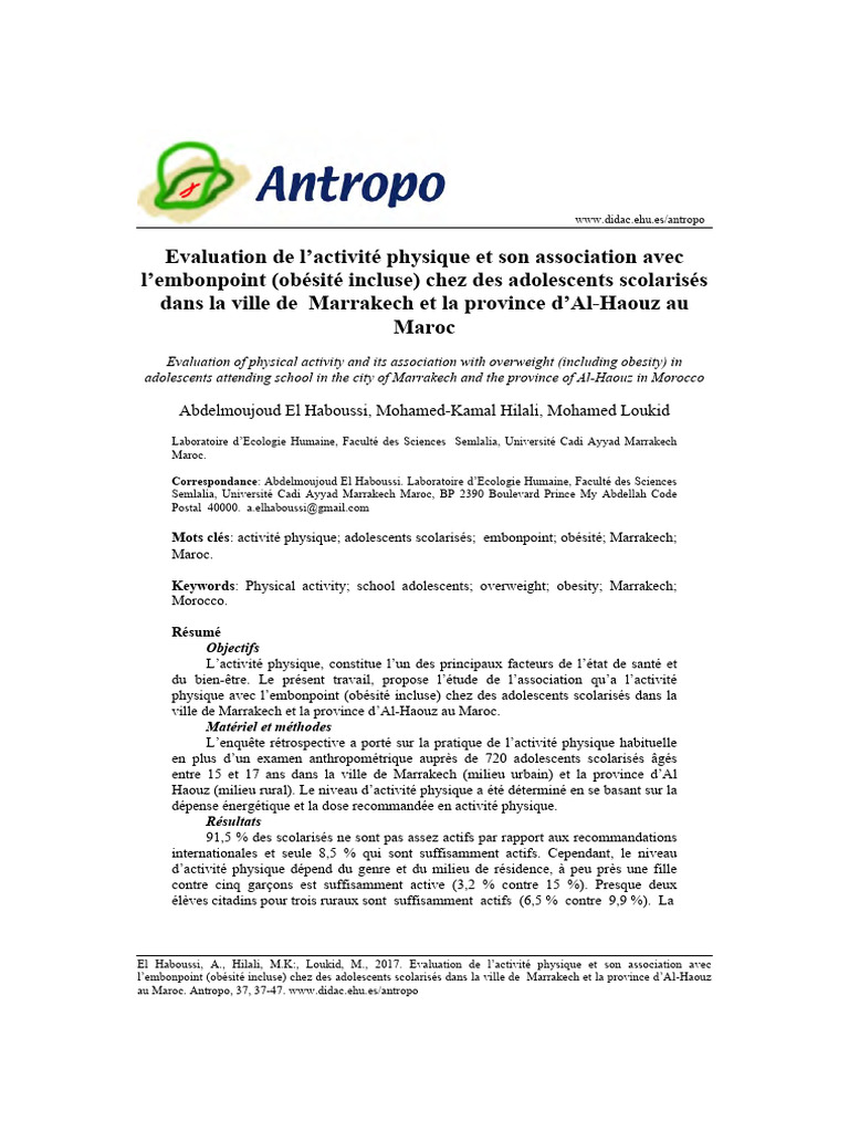 Activité physique et embonpoint chez les adolescents à Marrakech | PDF ...