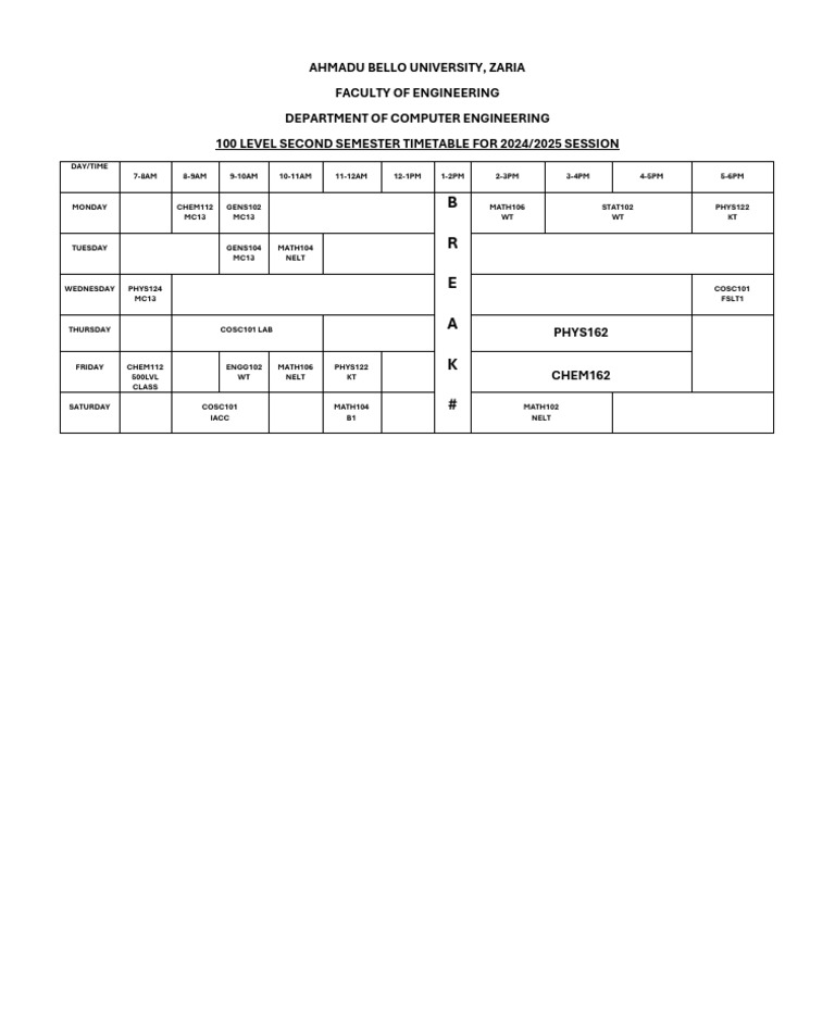 2024/2025 100 Level Engineering Timetable | PDF