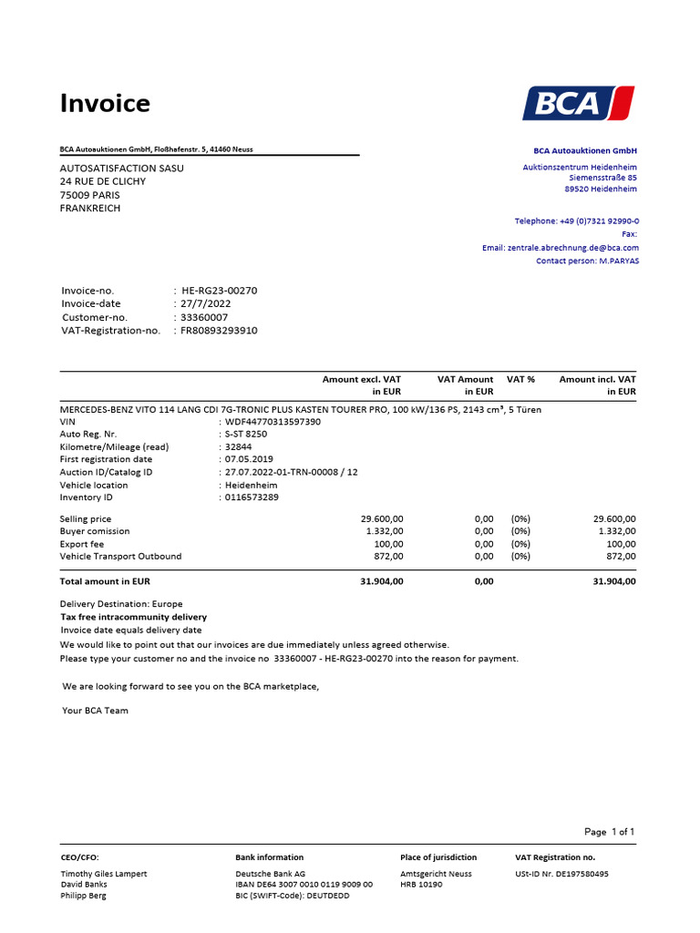 BCA Auto Auction Invoice for Heidenheim | PDF | Payments | Business