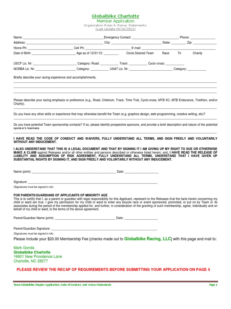 Globalbike Charlotte Rider Application 2013 | PDF | Negligence | Indemnity