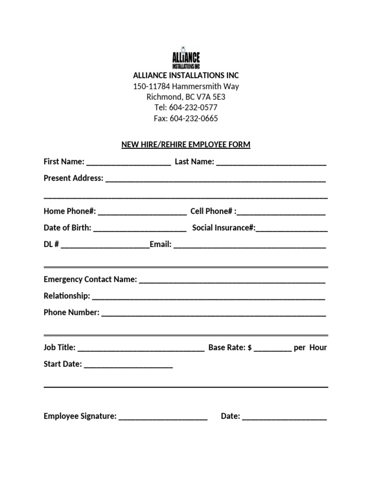 Alliance Installations Inc New Hire Form | PDF