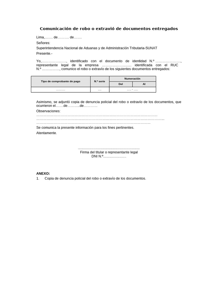 Comunicación de Robo o Extravío de Documentos Emitidos | PDF