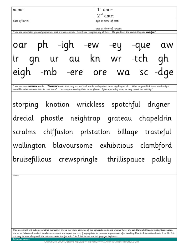 Advanced Nonsense Word Assessment | PDF