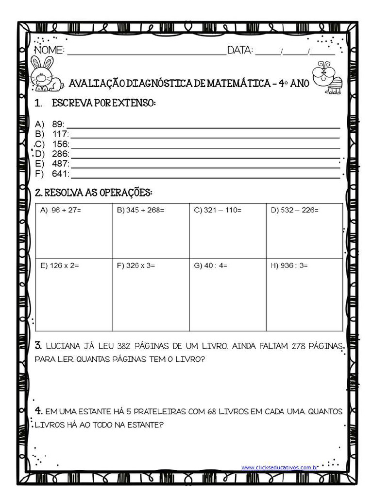 Avaliação Diagnóstica de Matemática Quarto Ano | PDF