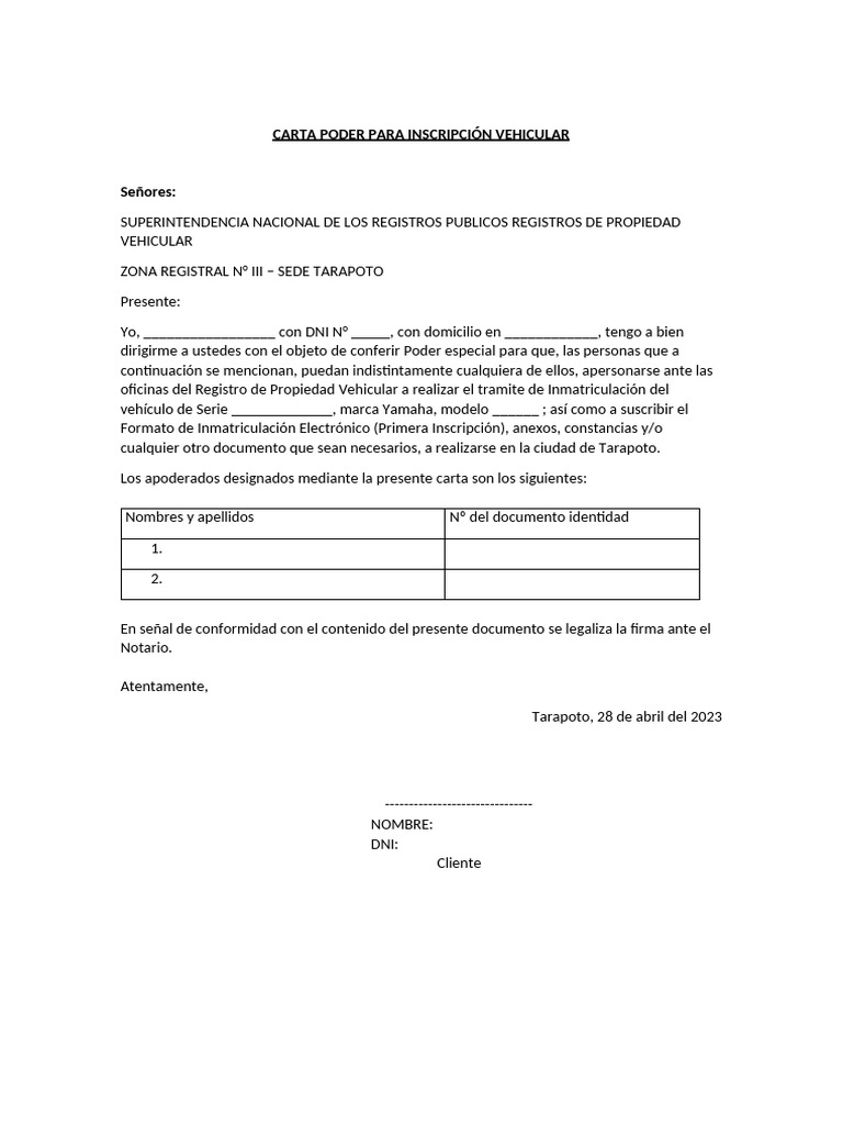 Carta Poder - Inmatriculación Vehicular PN | PDF