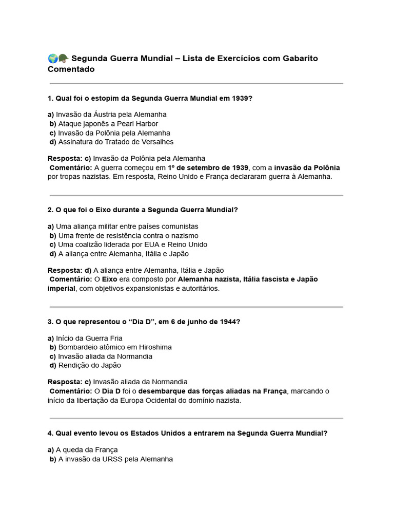 Exercícios sobre a Segunda Guerra Mundial | PDF | Segunda Guerra ...