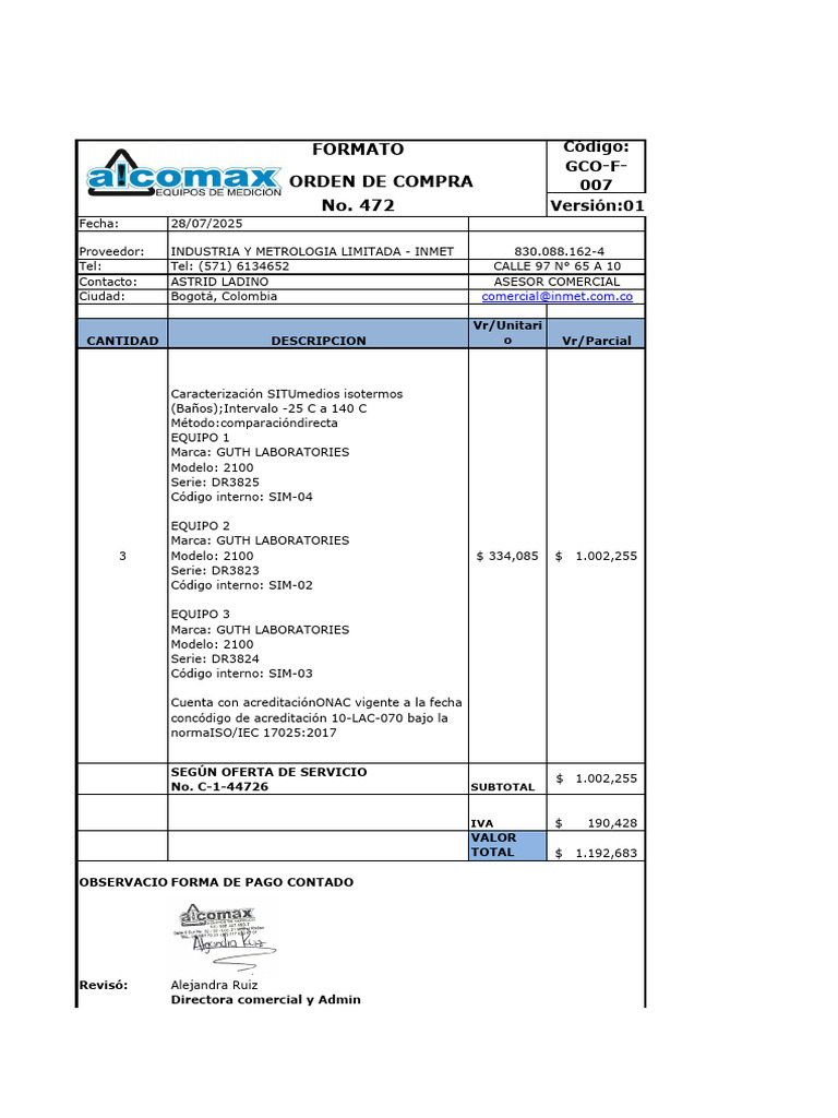 Orden de Compra 472 Alcomax - Industria y Metrologia Limitada - Inmet | PDF