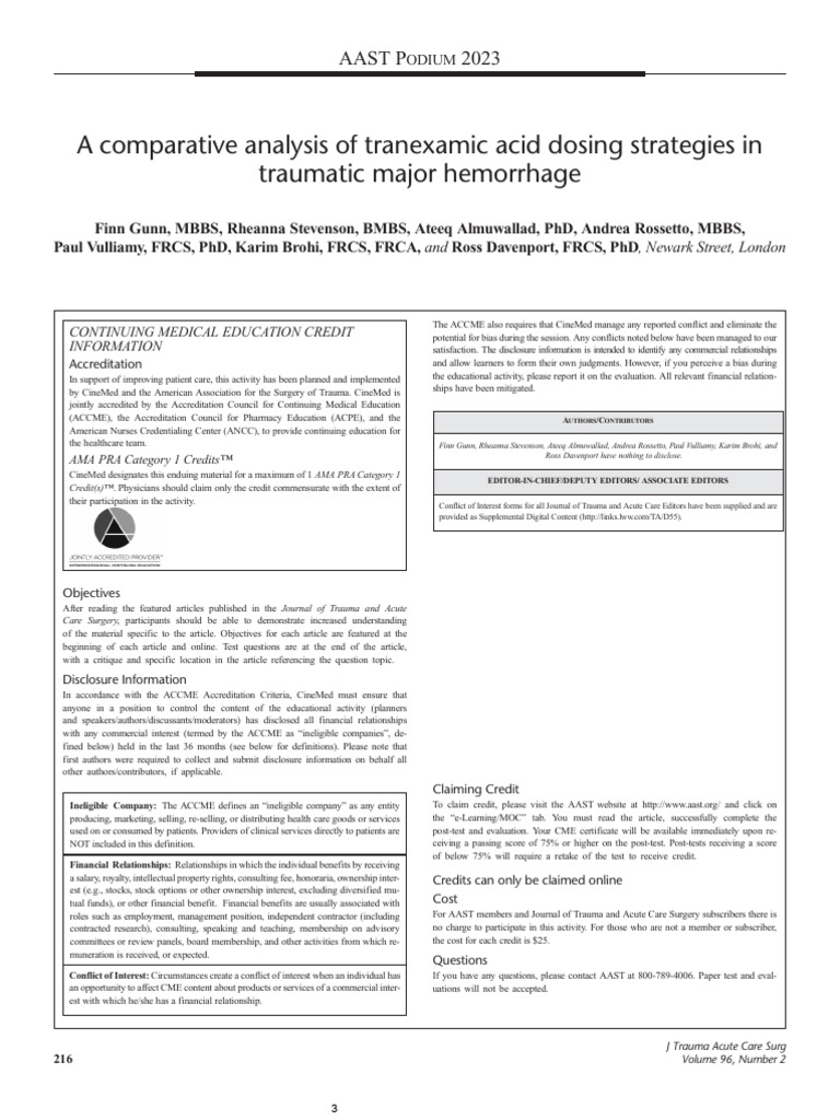 Tranexamic Acid Dosing in Trauma Hemorrhage | PDF | Hemostasis ...