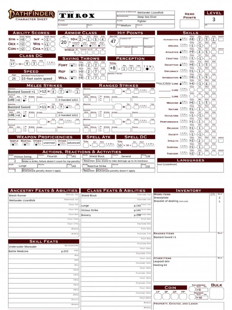 Throx: Wetlander Lizardfolk Stats | PDF | Underwater Diving ...