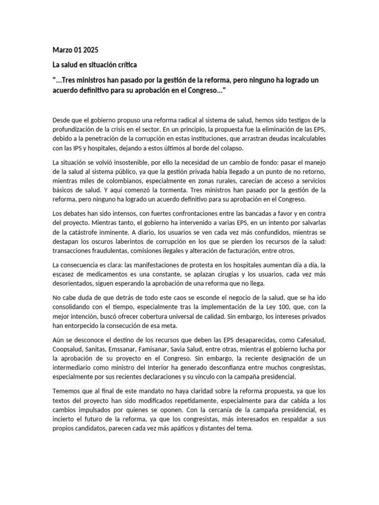 Crisis del sistema de salud en Colombia | PDF | Gobierno