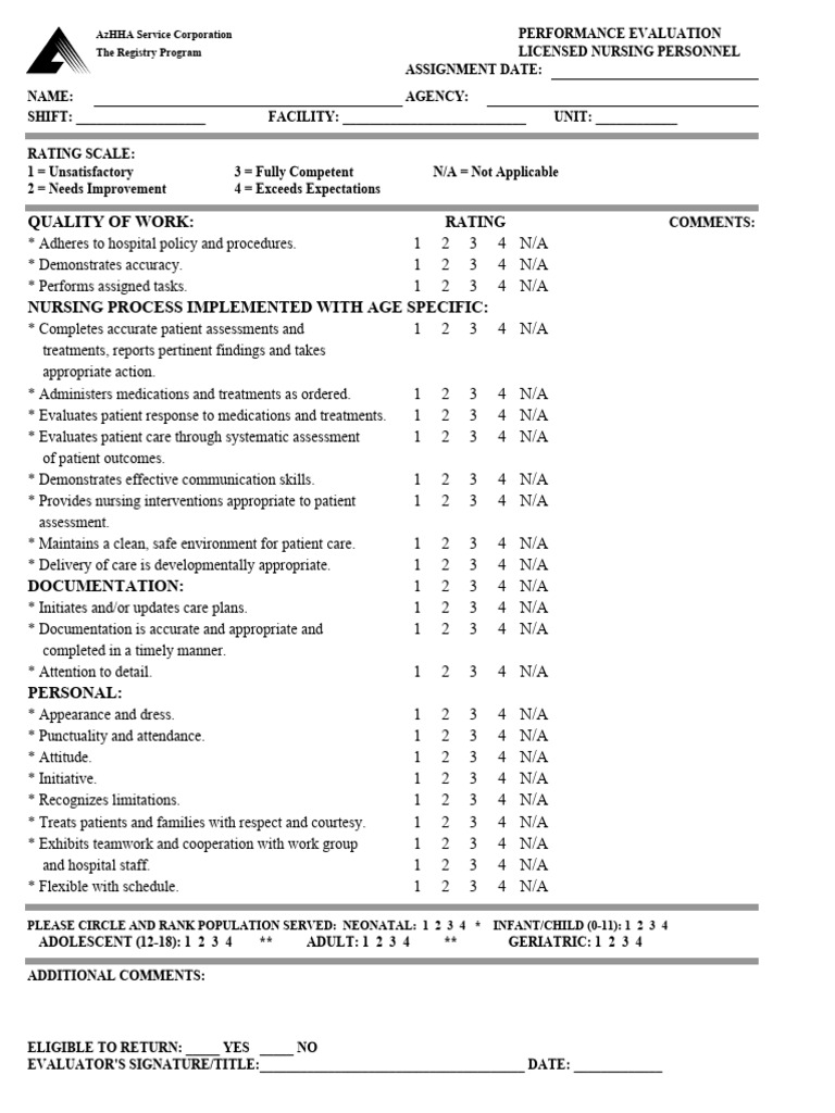 Nurse Performance Evaluation Form | PDF | Nursing | Health Care