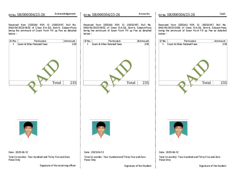 Exam Form Fee Receipt for DEBDAS ROY | PDF