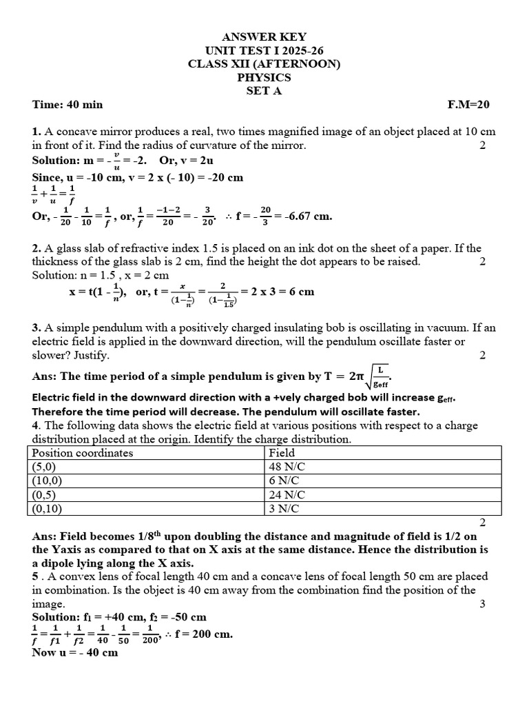 Class XII Physics Unit Test Answer Key | PDF | Sphere | Refractive Index