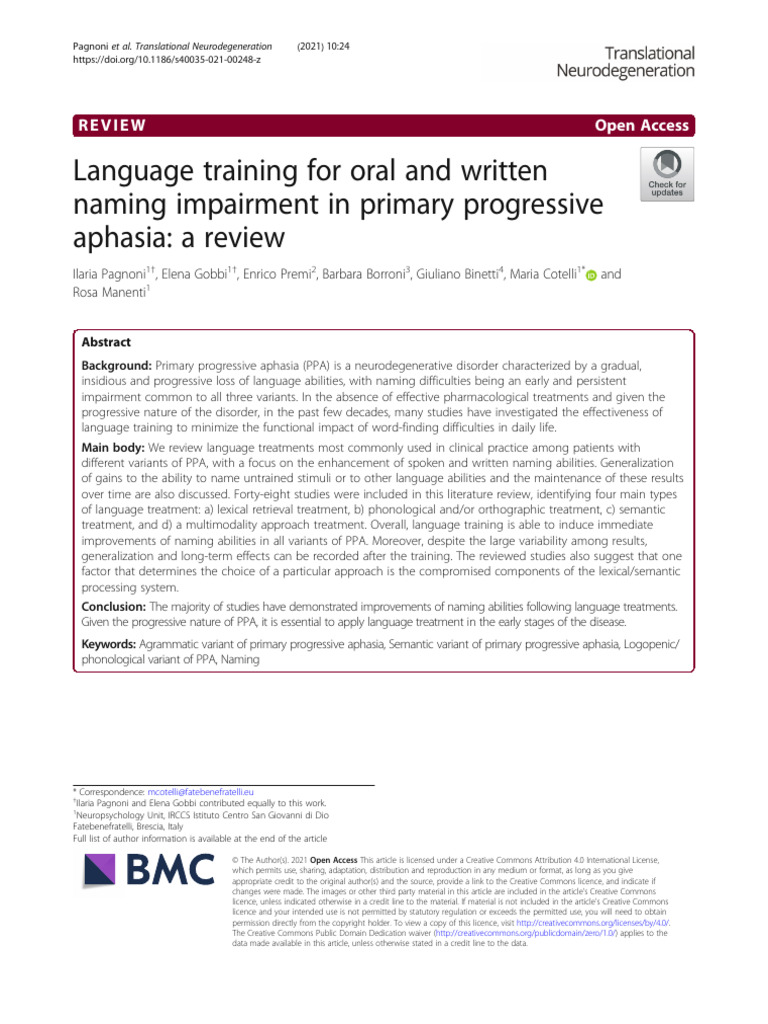 Language Training For Oral and Written Naming Impairment in Primary ...