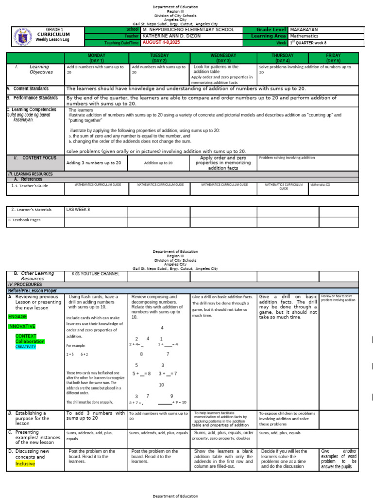 Grade 1 Mathematics Weekly Log | PDF | Learning | Curriculum