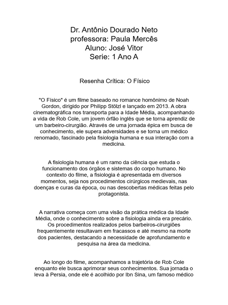 Resenha do Filme "O Físico" | PDF | Remédio | Conhecimento