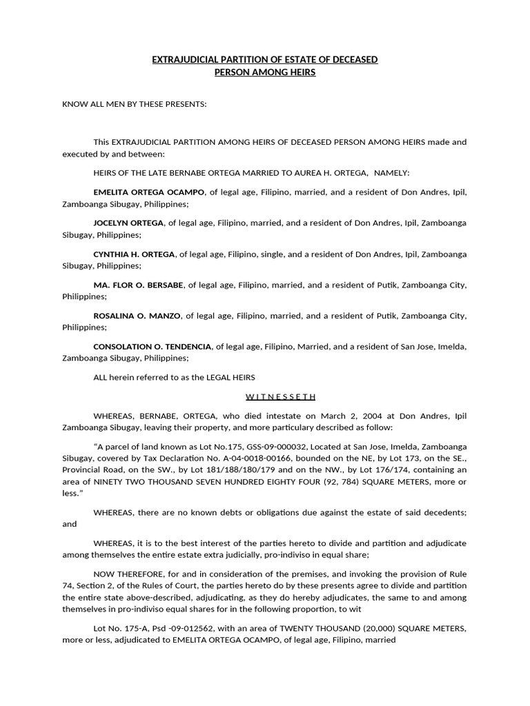 Extrajudicial Estate Partition of Ortega Heirs | PDF | Wills And Trusts ...