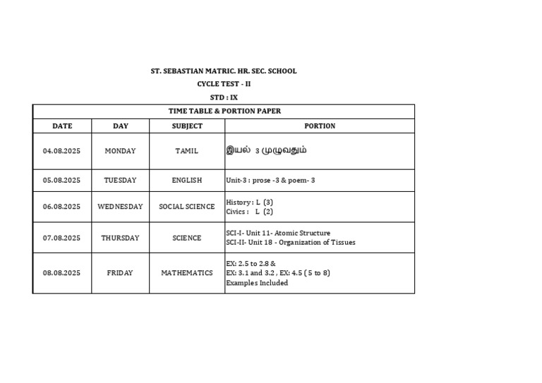 IX-STD Cycle Test-2 Time Table & Portion | PDF