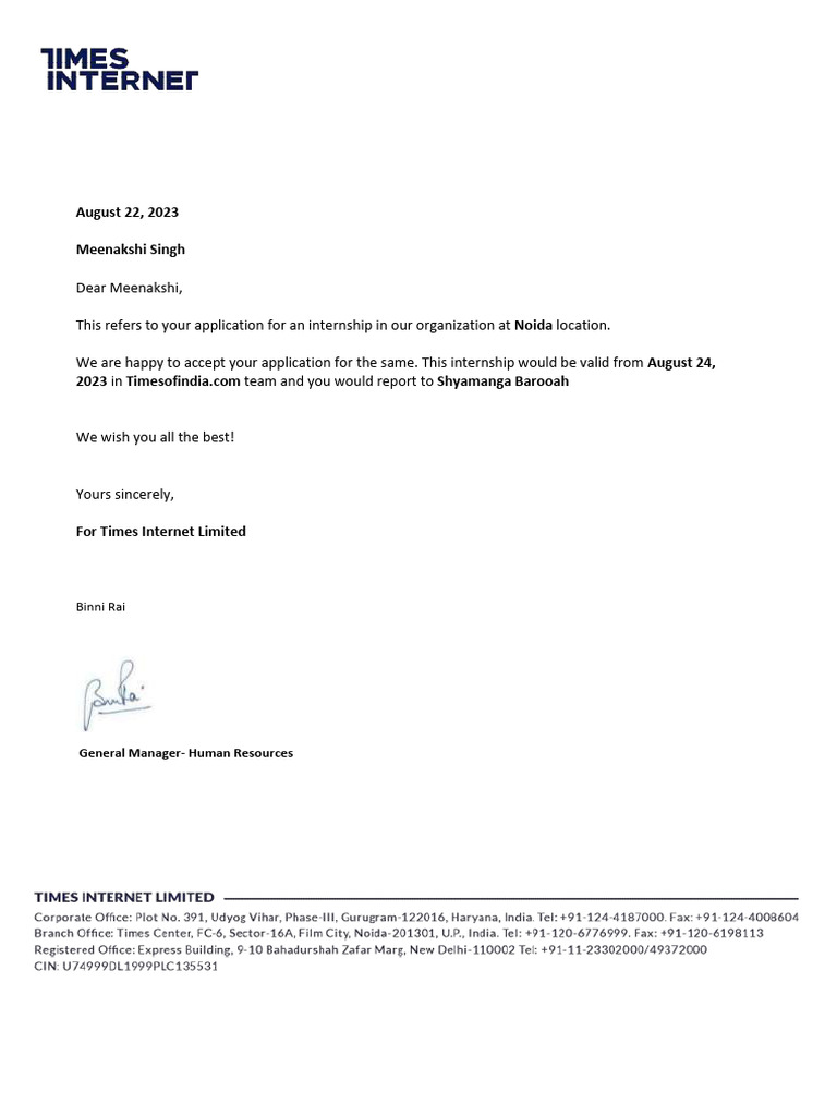 TimesInternet Offer Letter | PDF